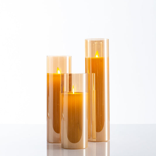 Hohe bewegliche flameless LED bernsteinfarbene Glas-Säulenkerzen mit Fernbedienung - Set von 3